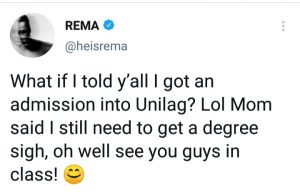 Singer, Rema gets admission into UNILAG